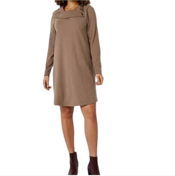 AGB Essential Cozy Dress in Camel Cowlneck Long Sleeves Relaxed Fit Ribbed Knit - Picture 1 of 13